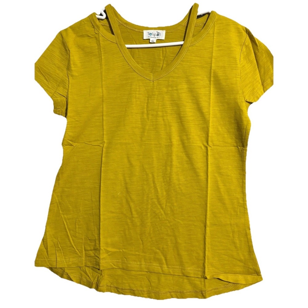 Tulip B Slub Knit Shirt Womens Medium Mustard Yellow Cotton Cold Shoulder V-Neck